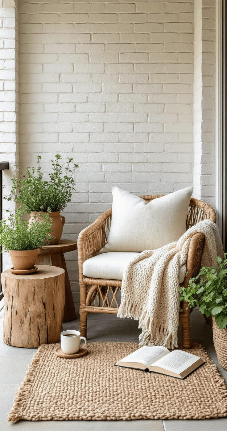 Cozy porch corner vignette featuring a rattan chair with cream cushions, a live-edge wood side table, and a woven jute rug on stone flooring, surrounded by exposed white brick walls, ceramic planters with herbs, a steaming coffee mug, and an open book in warm morning sunlight.