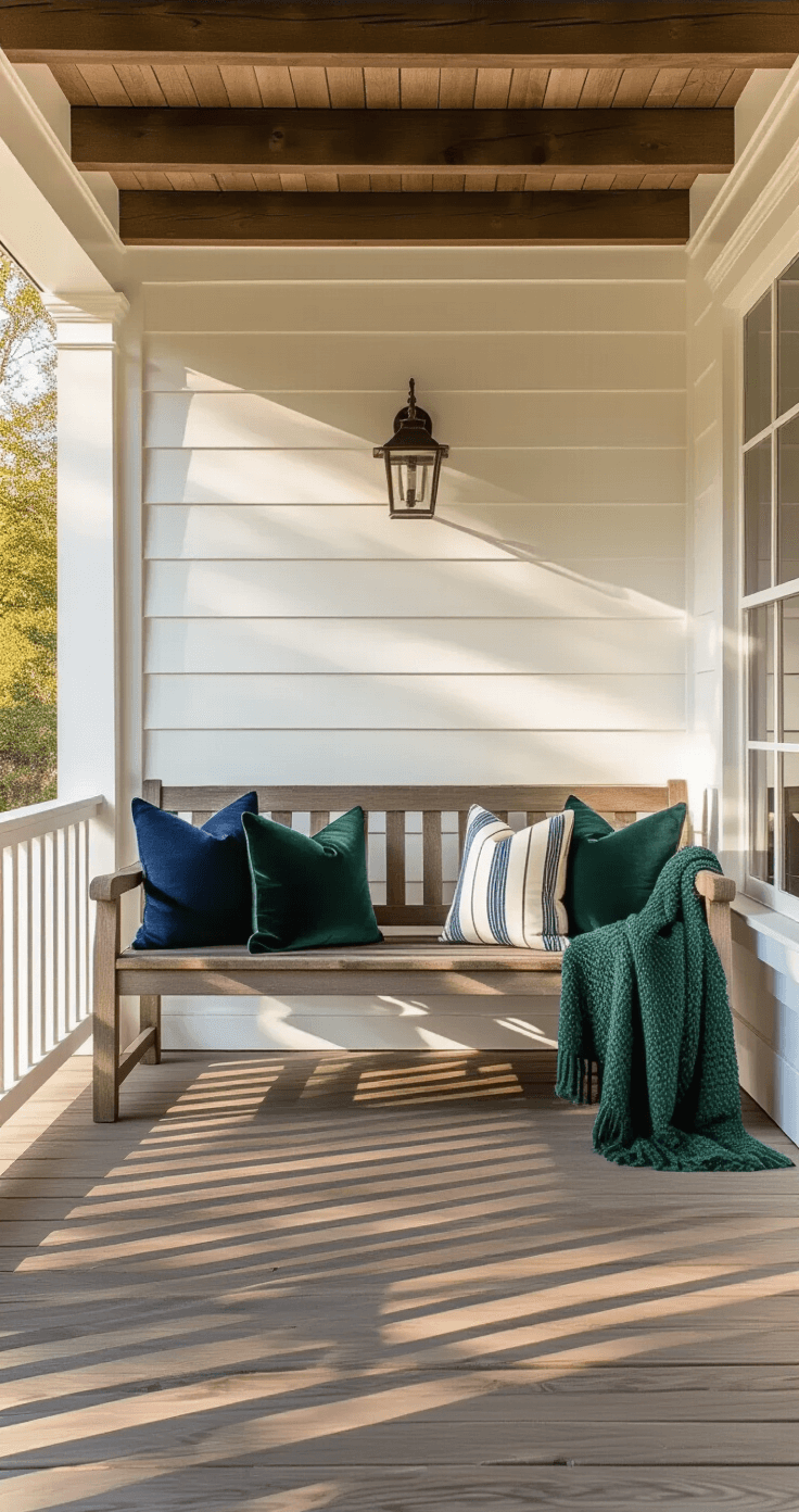 Front Porch Bench Decor: Transform Your Outdoor Welcome Space Wide-angle shot of a cozy front porch with a rustic wooden bench adorned with navy blue and cream striped cushions and emerald green velvet pillows, draped with soft gray blankets, against white shiplap siding. Warm golden hour light filters through pergola beams, enhancing the inviting details of the space.
