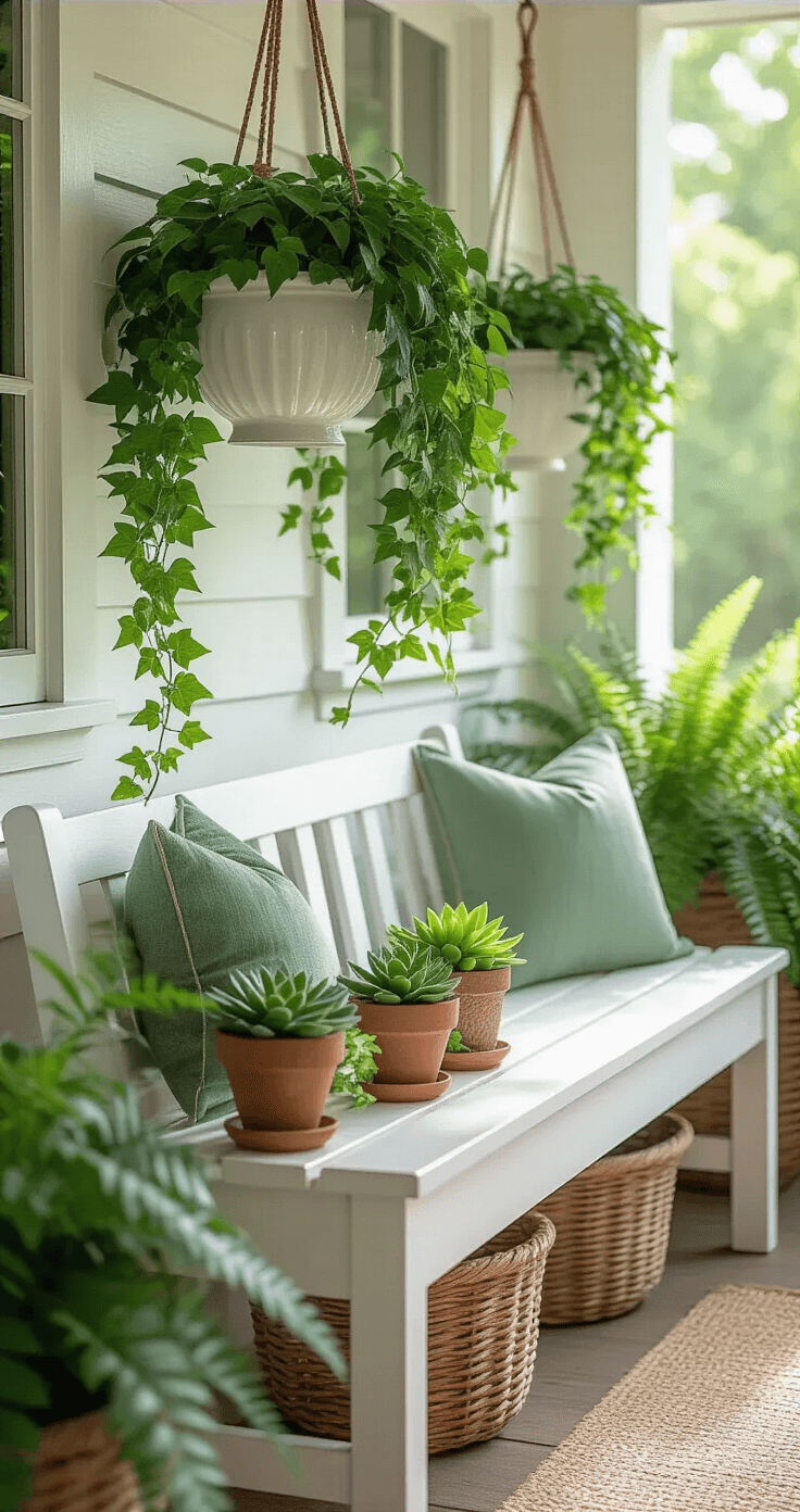 Front Porch Bench Decor: Transform Your Outdoor Welcome Space Close-up of a wooden porch bench surrounded by lush greenery, with morning light illuminating trailing English ivy in white ceramic planters, compact jade succulents in terra cotta pots on a reclaimed wood table, and Boston ferns in woven baskets framing the scene, emphasizing vibrant green foliage against a crisp white bench and natural hemp cushions.
