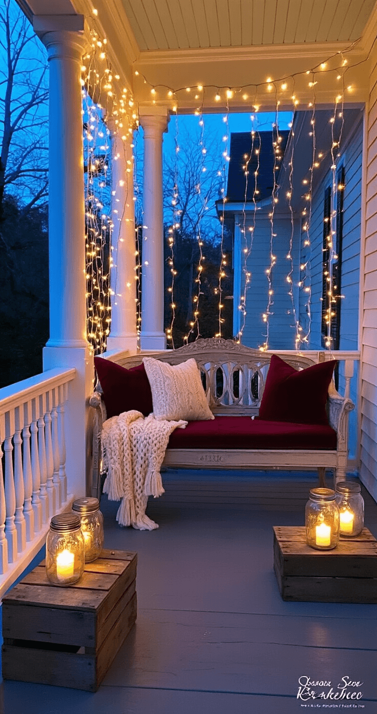 Front Porch Bench Decor: Transform Your Outdoor Welcome Space Enchanting evening porch scene with vintage-style bench, warm string lighting, fairy lights, mason jar lanterns, and cozy cushions, captured during blue hour.