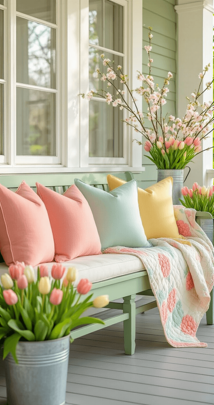 Front Porch Bench Decor: Transform Your Outdoor Welcome Space Bright spring-themed porch with a farmhouse-style bench adorned with pastel-colored pillows, fresh tulips in metal containers, and cherry blossom branches in glass vases, all illuminated by soft morning sunlight.