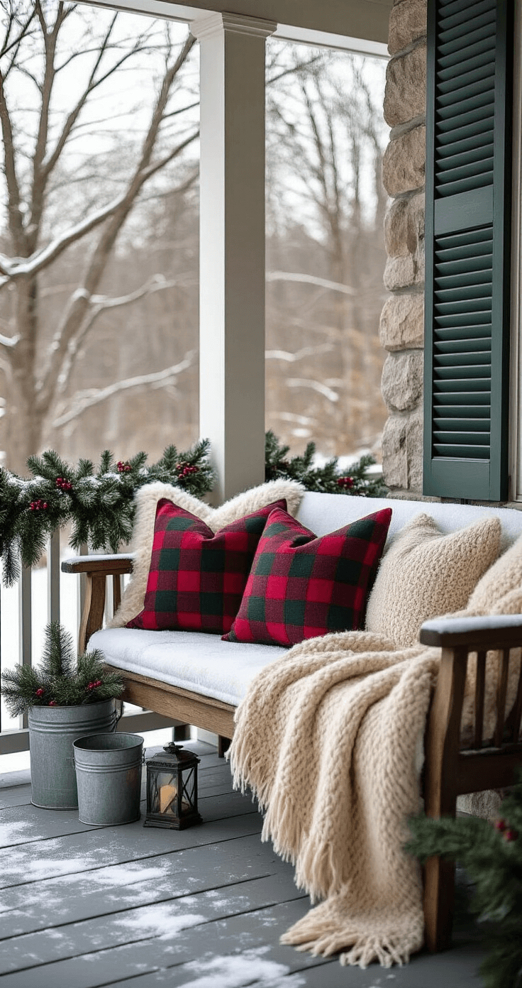 Front Porch Bench Decor: Transform Your Outdoor Welcome Space Cozy winter porch scene with a snow-dusted bench, featuring plaid cushions, wool blankets, and faux fur throws, surrounded by evergreen garland, vintage buckets with pine arrangements, and warm lantern lighting, all under an overcast sky.