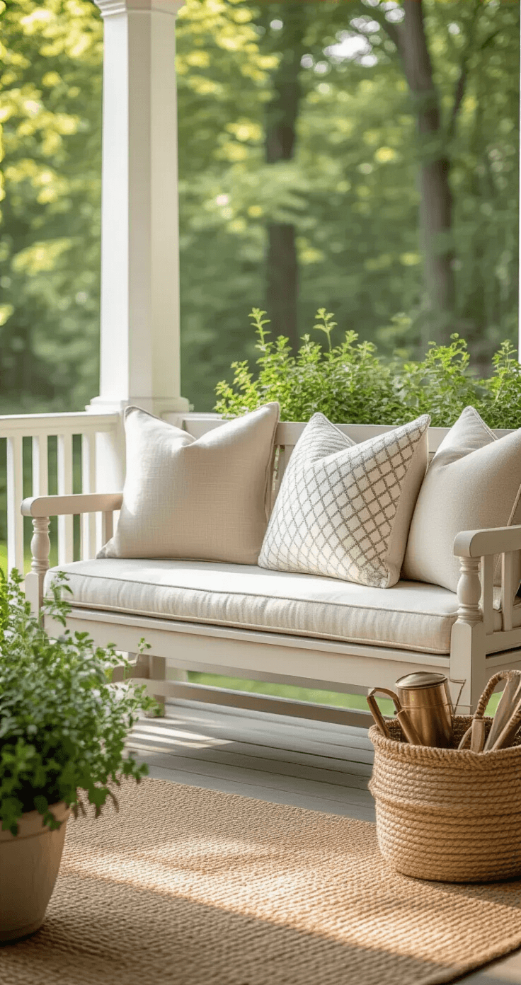 Front Porch Bench Decor: Transform Your Outdoor Welcome Space A professionally styled porch bench with layered cushions in cream, taupe, and soft gray textures, enhanced by afternoon sunlight. The scene features a jute rug, potted herbs, a vintage brass watering can, and a handwoven basket with gardening tools, all presented in a sophisticated, rule-of-thirds composition.
