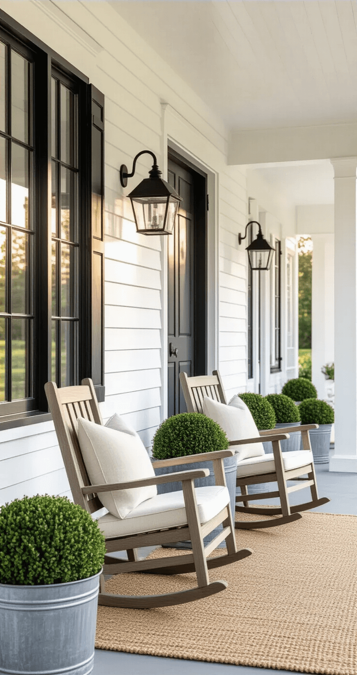 Modern Farmhouse Front Porch: Your Ultimate Design Guide Photorealistic image of a modern farmhouse front porch featuring white clapboard siding, black window trim, and weathered rocking chairs. Golden hour lighting creates warm shadows on the porch, with a charcoal gray front door flanked by black sconces. Potted boxwood topiaries and seasonal mums decorate the steps, captured from the front walkway with a shallow depth of field.