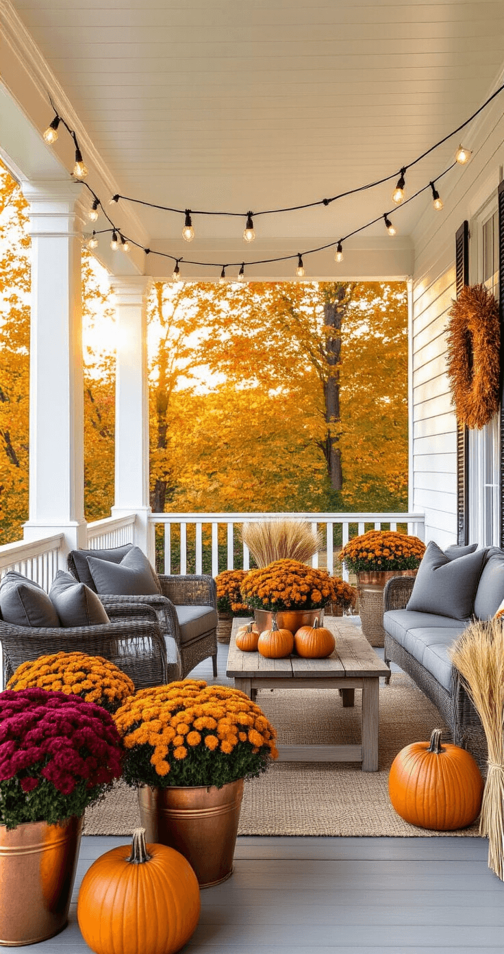 Modern Farmhouse Front Porch: Your Ultimate Design Guide A cozy autumn porch scene at golden hour featuring deep gray cushioned furniture, vibrant orange and burgundy mums in copper planters, carved pumpkins, and a burlap harvest wreath, all illuminated by warm amber lighting and string café lights overhead.