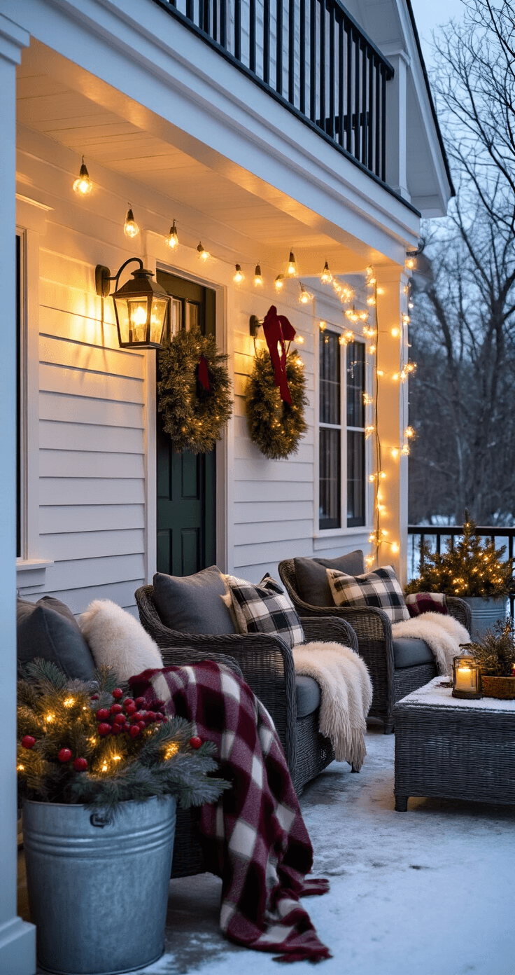 Modern Farmhouse Front Porch: Your Ultimate Design Guide Cozy winter evening porch scene featuring warm LED string lights and lanterns, modern farmhouse design with white siding and black trim, adorned with plaid blankets and sheepskin throws on gray furniture, evergreen wreaths on the door, metal buckets of pine and berries, and a dusting of snow.
