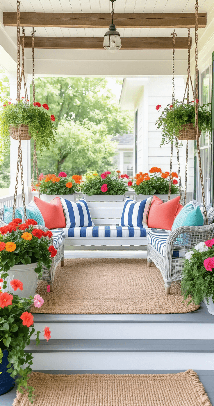 Modern Farmhouse Front Porch: Your Ultimate Design Guide Bright summer porch scene featuring a white swing with navy and white cushions, vibrant potted flowers, colorful outdoor pillows, and neutral wicker furniture, all bathed in cheerful daylight.
