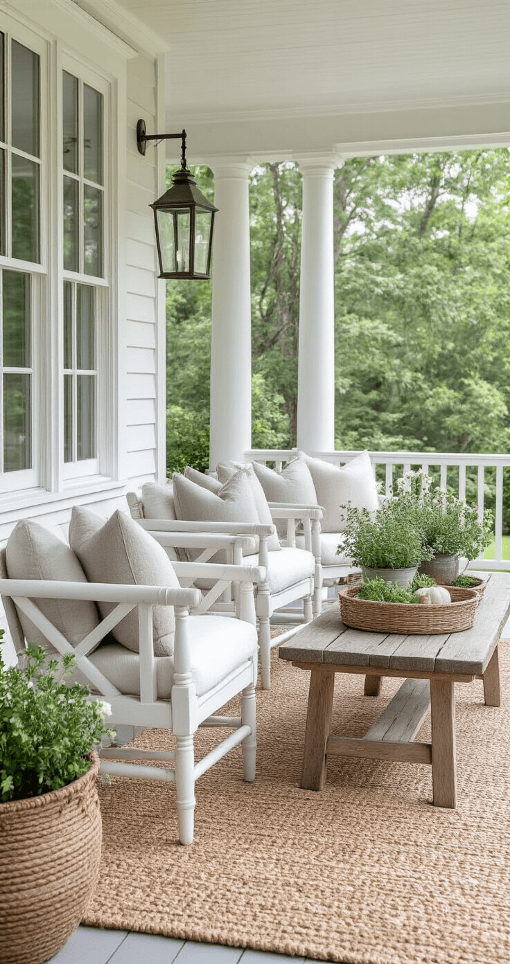 Modern Farmhouse Front Porch: Your Ultimate Design Guide Professional outdoor styling with a three-layer approach featuring a neutral foundation rug, comfortable white wooden chairs with gray linen cushions, rustic wooden side tables, and a vintage farmhouse bench, adorned with lanterns, potted herbs, seasonal flowers, and coordinating throw pillows, all set against a classic porch with white columns.