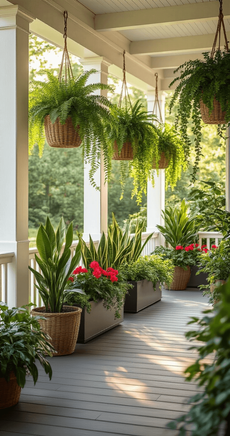 Back Porch Decorating Ideas: Transform Your Outdoor Space into a Cozy Retreat Photorealistic porch scene with lush greenery, featuring white columns, dark gray decking, hanging ferns, fiddle leaf figs, snake plants, cascading pothos, and vibrant geraniums in self-watering planters, illuminated by warm golden hour light.