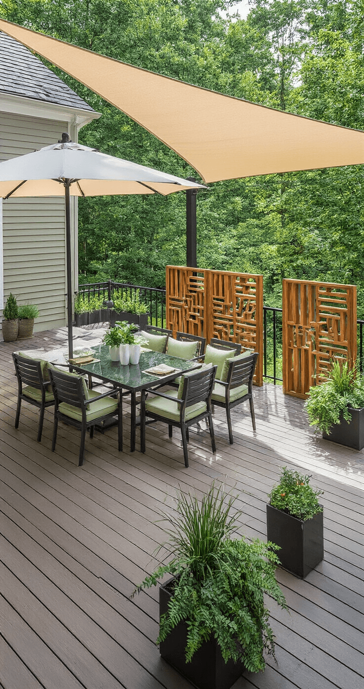 Back Porch Decorating Ideas: Transform Your Outdoor Space into a Cozy Retreat Elegant porch retreat showcasing a 14x12 foot deck with a cantilever umbrella, modern dining set, retractable shade sail, and wooden privacy screens, all surrounded by ornamental plants, viewed from an elevated angle.