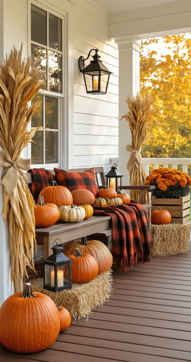 Back Porch Decorating Ideas: Transform Your Outdoor Space into a Cozy Retreat Autumn-themed back porch with rustic decor featuring pumpkins, gourds, and plaid blankets, warm lighting, and cozy seasonal elements.