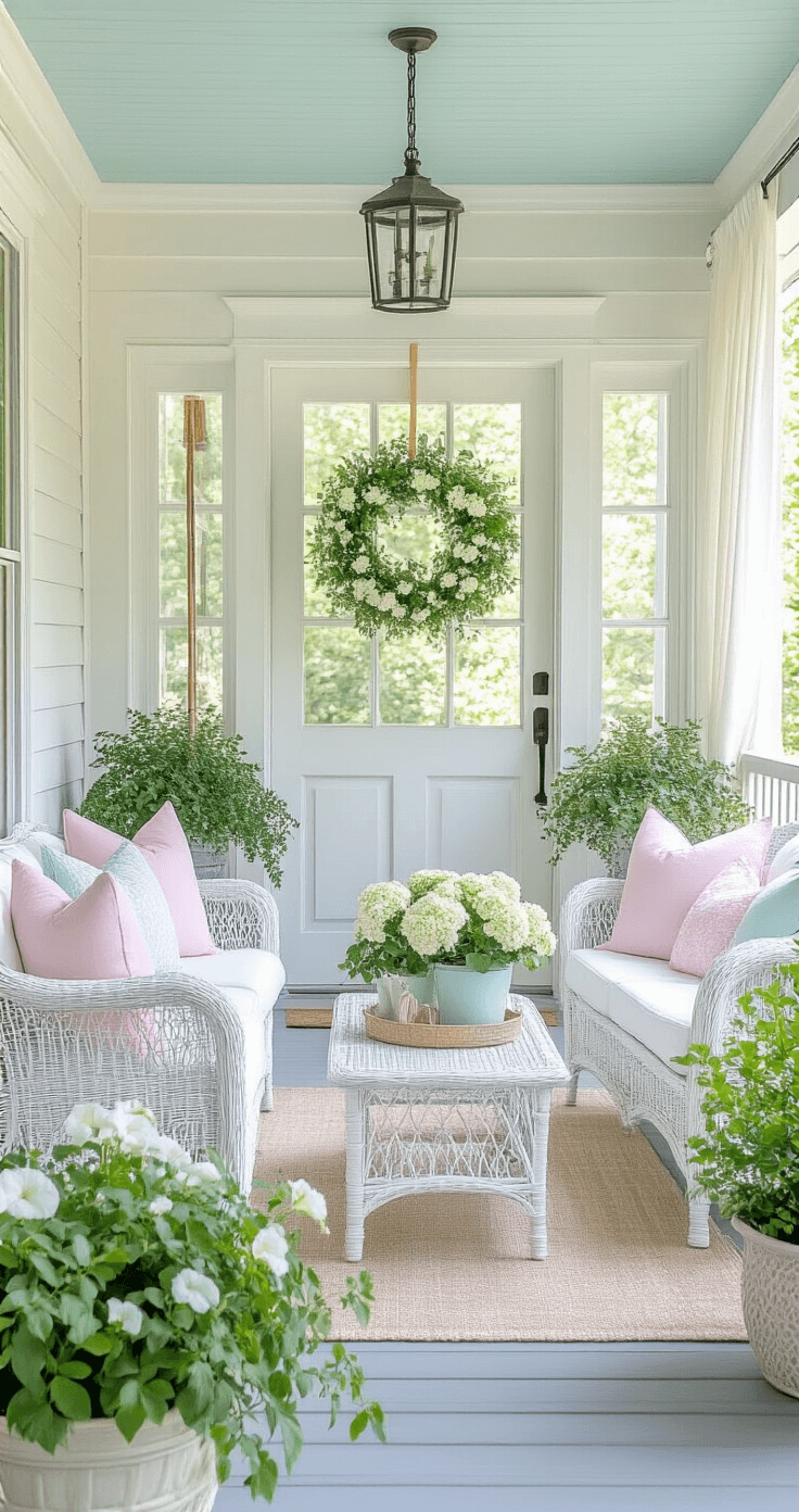 Back Porch Decorating Ideas: Transform Your Outdoor Space into a Cozy Retreat A bright and airy spring summer porch featuring white wicker furniture with pastel pillows, a fresh floral wreath on the door, and potted plants, all bathed in morning sunlight with sheer curtains and bamboo wind chimes.