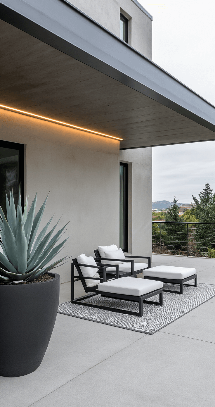 Back Porch Decorating Ideas: Transform Your Outdoor Space into a Cozy Retreat Minimalist modern porch featuring a 10x8 foot concrete slab, steel beam overhang, and smooth stucco walls, adorned with sleek aluminum furniture and a sculptural agave plant, all under even daylight illumination.