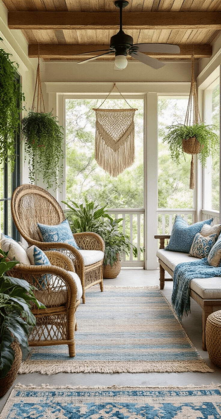Back Porch Decorating Ideas: Transform Your Outdoor Space into a Cozy Retreat A bohemian coastal porch retreat featuring eclectic patterns, a weathered wood ceiling, and painted concrete floor, illuminated by soft afternoon light. The space showcases layered vintage rugs, mix-and-match seating including a rattan peacock chair and Moroccan floor cushions, along with macrame wall hangings and hanging planters. The color palette includes ocean blues, seafoam greens, and sandy beiges, with global textile accents. A driftwood coffee table holds potted succulents and seashells, creating a relaxed, worldly atmosphere.