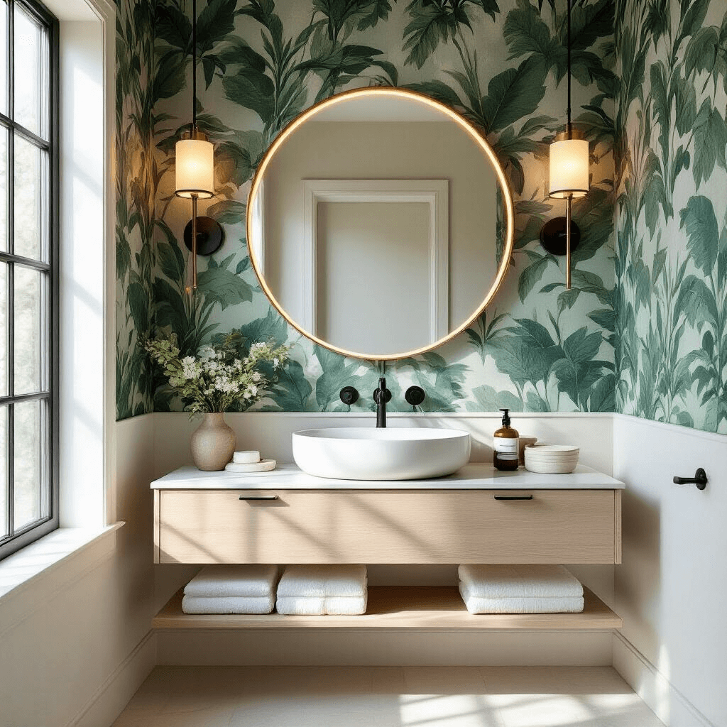 Modern bathroom with emerald green botanical wallpaper, frosted window, matte black fixtures, pale oak floating vanity with vessel sink, circular backlit mirror, brass sconces, and floating shelves displaying artisanal pottery and towels, captured from the doorway.
