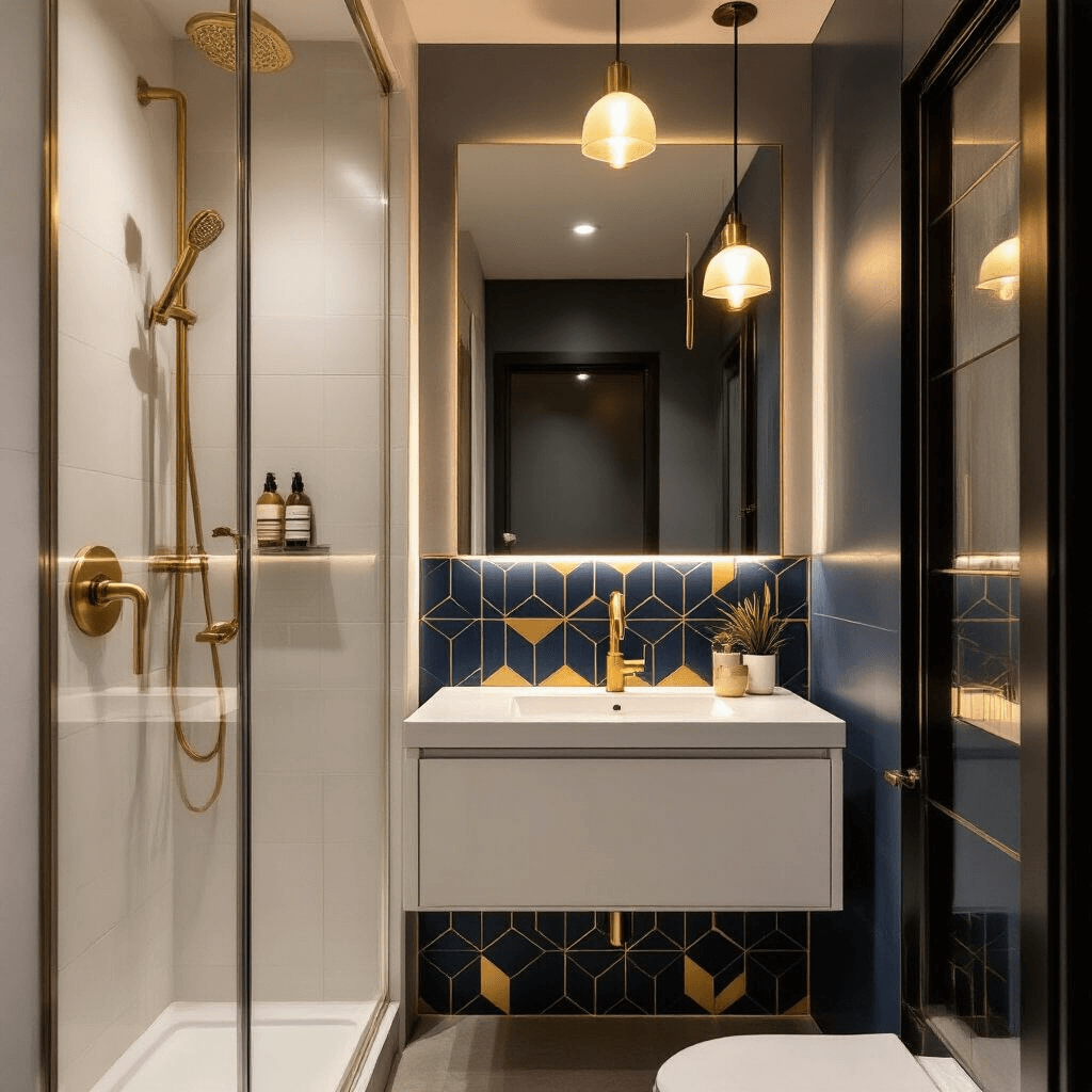Compact urban bathroom featuring a dramatic evening setting with warm pendant lighting, geometric navy and gold accent wall, wall-mounted brass faucet, and textured glass shower door; vertical storage and mixed metal accents add a luxe touch.