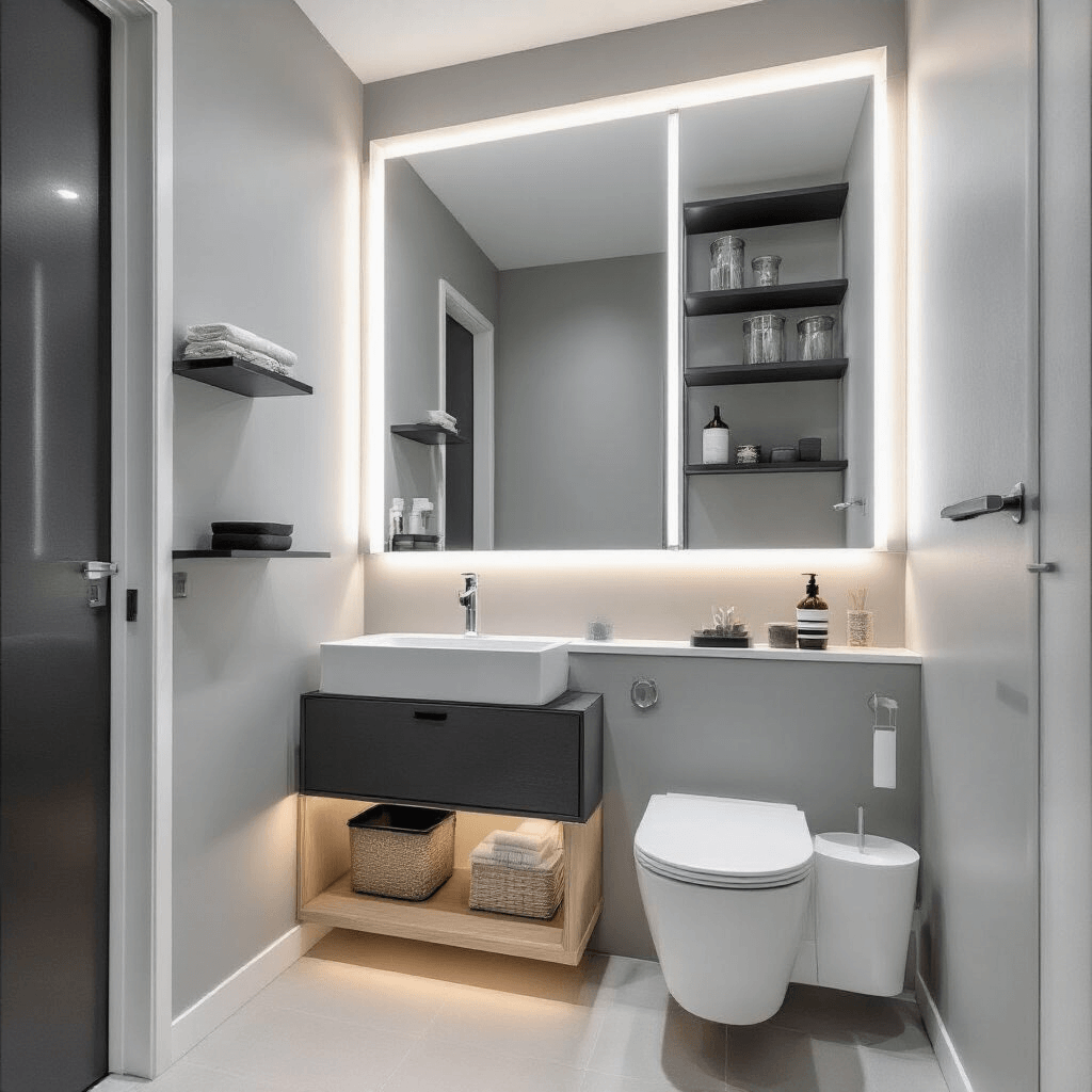 A minimalist bathroom featuring a floor-to-ceiling oversized mirror with integrated LED lighting, floating matte black shelves with decor, and a whitewashed oak over-toilet storage unit, all in a monochromatic grey scheme. Natural light and cool LED glow create a bright, clean ambiance, captured from a three-quarter view with a wide-angle lens.