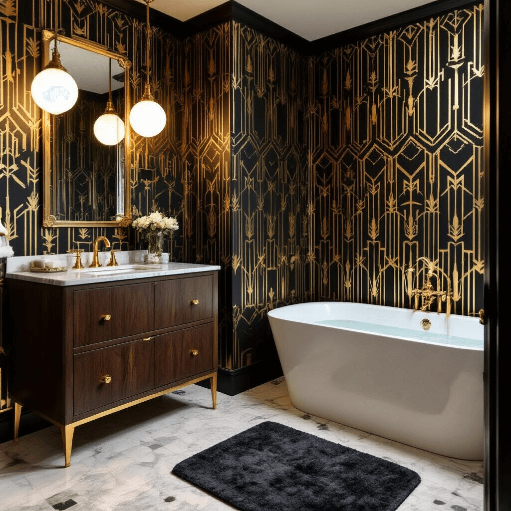 Art deco inspired bathroom featuring dramatic black and gold geometric wallpaper, evening lighting with dimmable vintage globe pendants, a dark walnut freestanding vanity topped with marble, a gold-framed mirror with milk glass sconces, and a plush charcoal bath mat, captured from a slight elevation to emphasize the pattern and material mix.