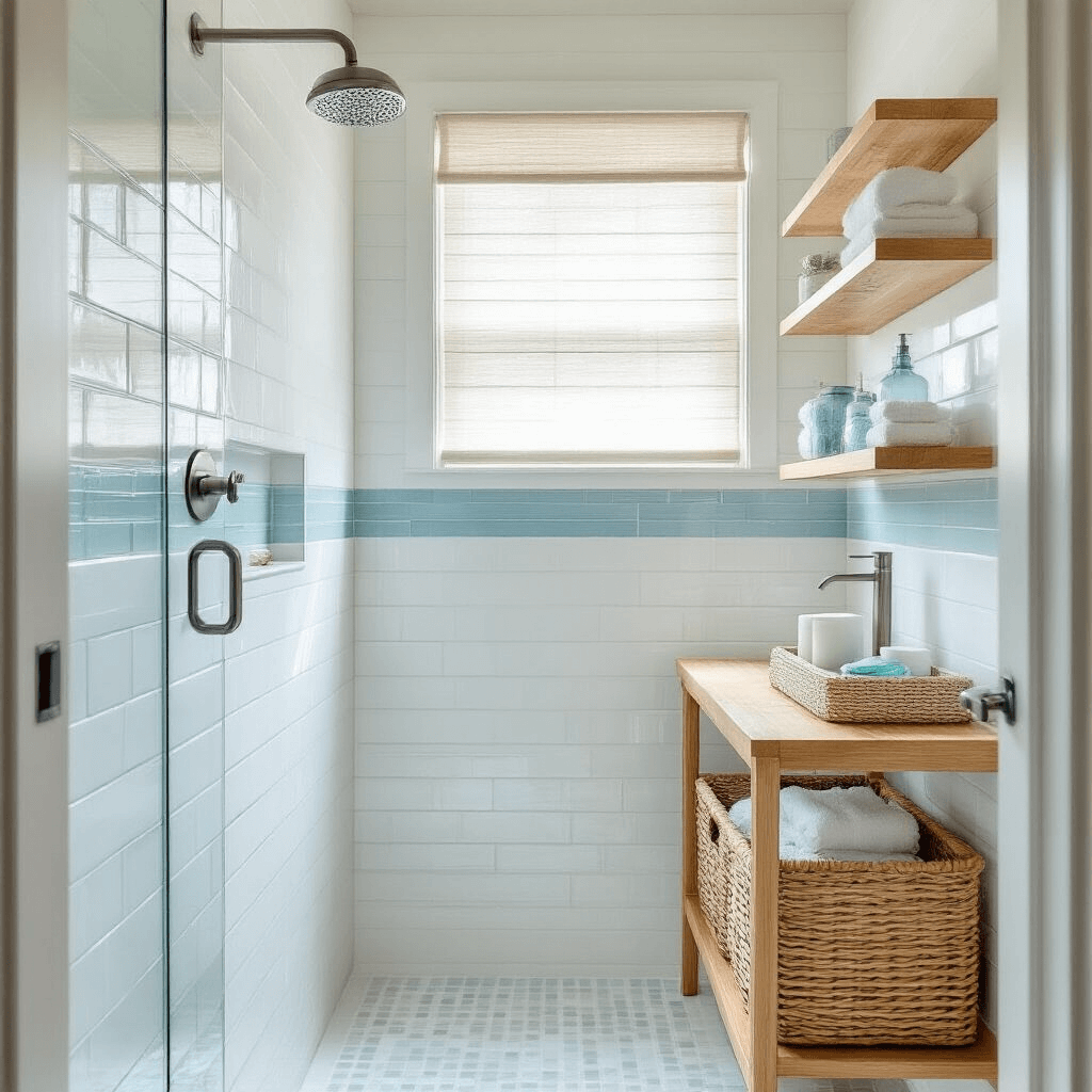 Coastal modern bathroom with white subway tiles and blue accents, featuring a glass shower partition, bamboo shelf with ceramic accessories, and natural light filtering through a linen shade.