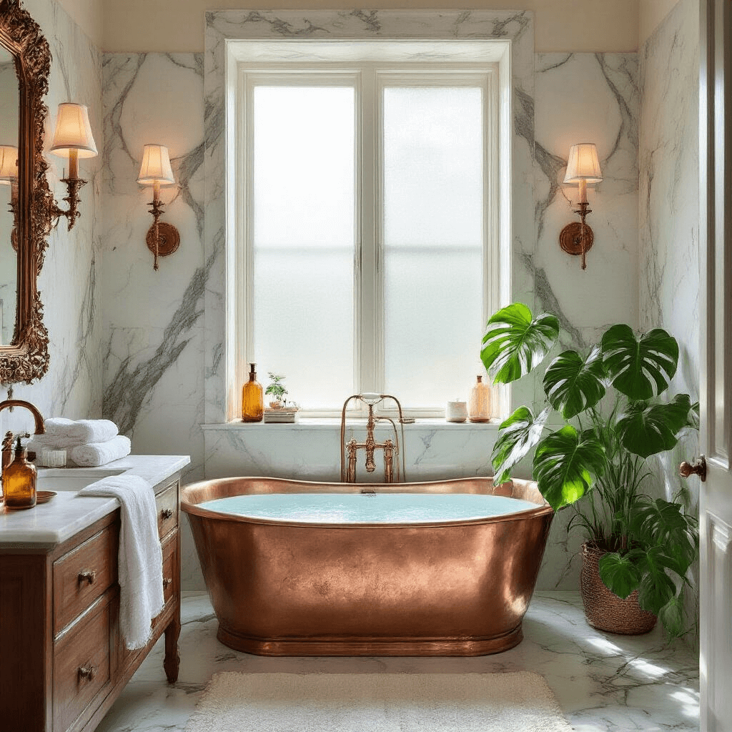 A luxurious 10x12ft bathroom featuring Calacatta marble walls and floor, a freestanding copper soaking tub with a monstera plant, vintage brass sconces, an ornate gilt mirror above a walnut vanity, and a feature wall of soft sage Zellige tiles, all illuminated by morning light through a frosted window.