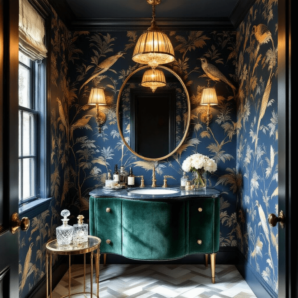 Intimate 8x8ft powder room featuring dramatic midnight blue and gold bird print wallpaper, an emerald green velvet Art Deco vanity with a round backlit mirror, and herringbone marble flooring, illuminated by late afternoon light through an antique brass pendant.