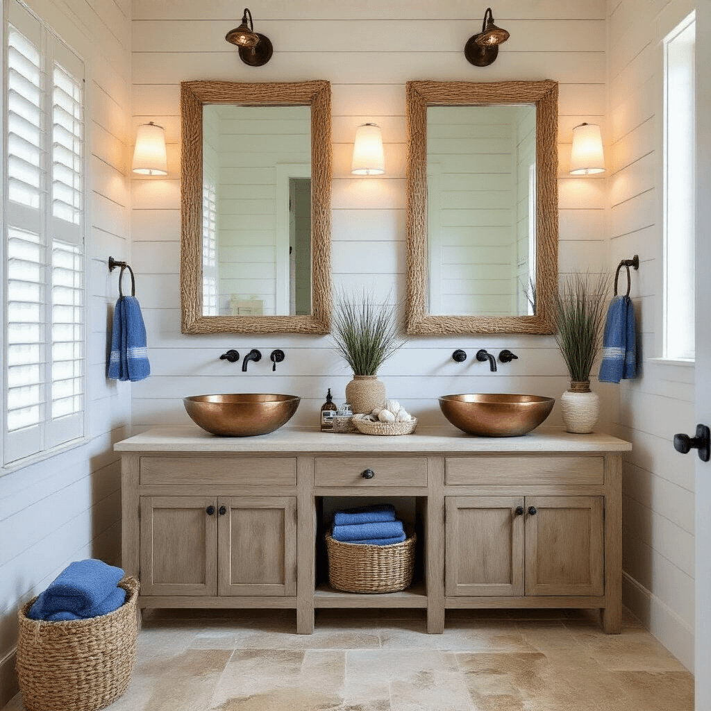 A bright coastal-themed master bathroom featuring shiplap walls, sandy limestone flooring, a weathered driftwood double vanity with hammered copper sinks, and nautical decor including rope-wrapped mirrors and jute baskets, captured from the doorway with natural light and hidden LED accents.