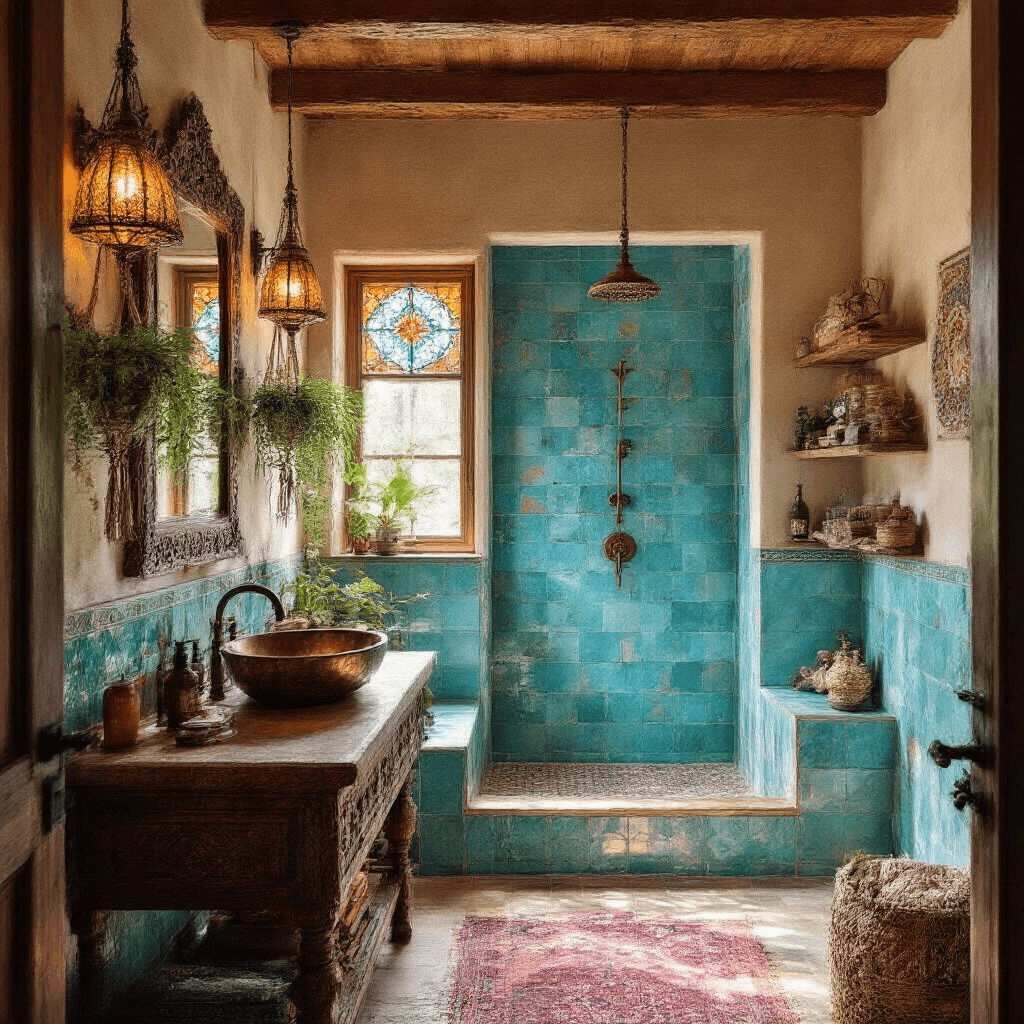 Bohemian bathroom featuring 10ft ceilings, exposed wooden beams, stained glass windows, handmade Moroccan tiles, a vintage carved wood vanity, and eclectic decor elements including macramé plant hangers and global artifacts.