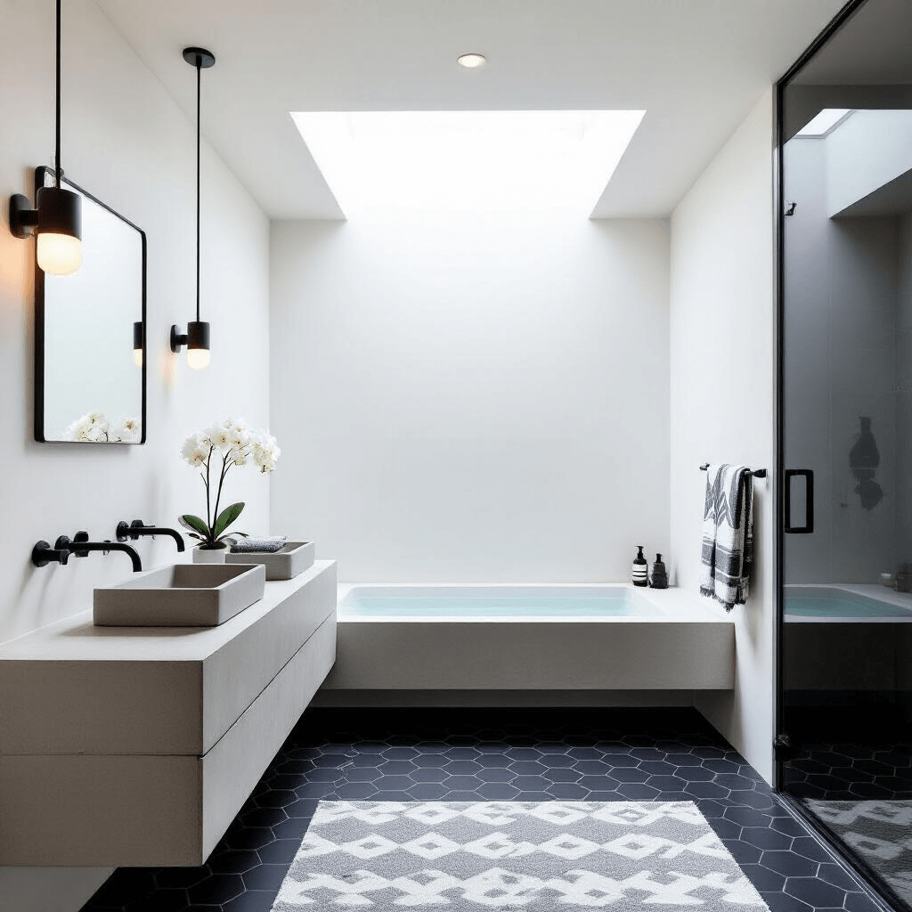 A minimalist bathroom featuring white walls and matte black hexagonal floor tiles, with a concrete double vanity, integrated sinks, and wall-mounted faucets. A floor-to-ceiling smoked glass shower enclosure catches light from a central skylight. The overhead view highlights geometric patterns, dramatic side lighting, and carefully arranged matte black accessories alongside a single white orchid and grey scale geometric Turkish towels.