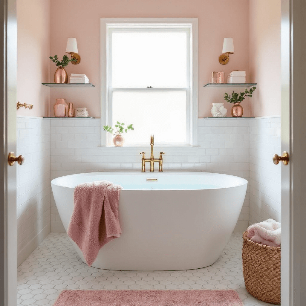 A serene spa-inspired bathroom featuring a freestanding white oval tub, blush pink walls, and white marble hexagon tiles, illuminated by morning light through a frosted window, showcasing brass fixtures and decorative pink quartz accessories.