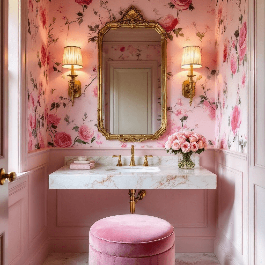 Intimate 6x8ft pink powder room with 10ft ceilings, hand-painted botanical wallpaper, golden hour lighting from art deco sconces, floating marble vanity with pink onyx, elegant brass fixtures, oversized gilt mirror, velvet pink ottoman, and crystal vase with roses, captured in a low angle shot emphasizing vertical space and metallic accents.