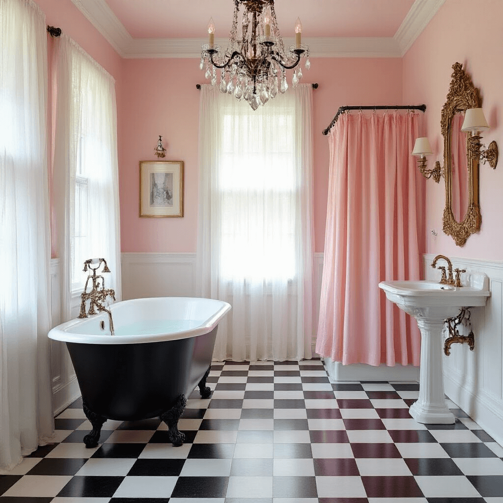 A vintage-modern pink master bath featuring black and white checkered floors, soft pink walls, a claw-foot tub, a blush shower curtain, a crystal chandelier, and a white pedestal sink with an ornate gold mirror, captured from a corner angle with natural and chandelier light.