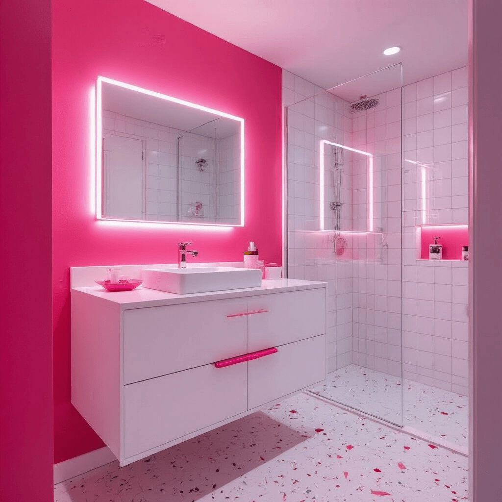 A contemporary pink teen bathroom featuring a diagonal hot pink accent wall, white tiles, and a floating white vanity with pink resin handles and a pink terrazzo countertop, complemented by a geometric mirror and clear acrylic accessories, all captured from a high angle with dreamy bokeh lighting effects.