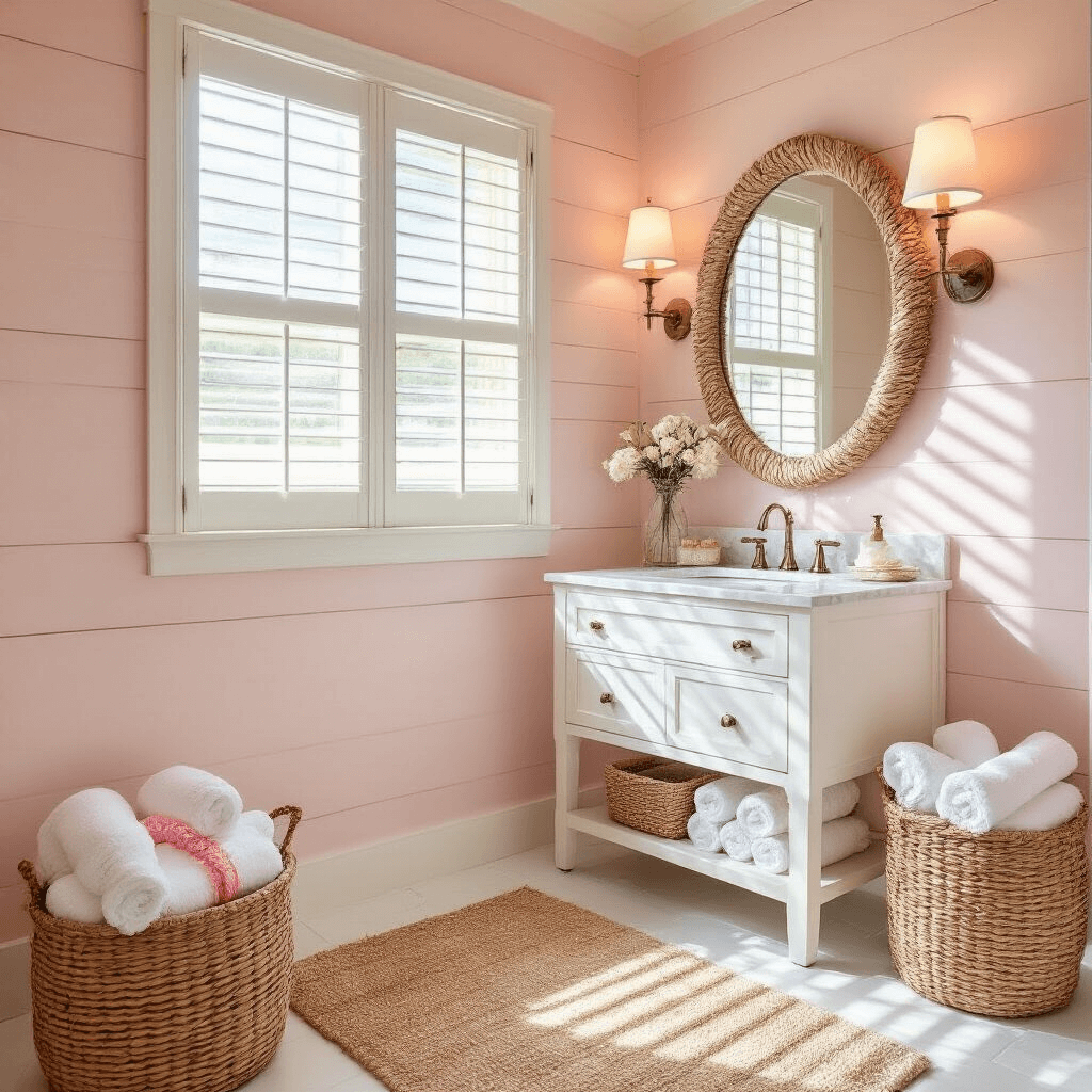 Light-filled coastal guest bathroom featuring soft shell pink shiplap walls, a white marble vanity, and rope-wrapped mirror, with striped sunlight through plantation shutters, woven basket towel storage, coral and shell decor, and a sea grass rug on white penny tile flooring.