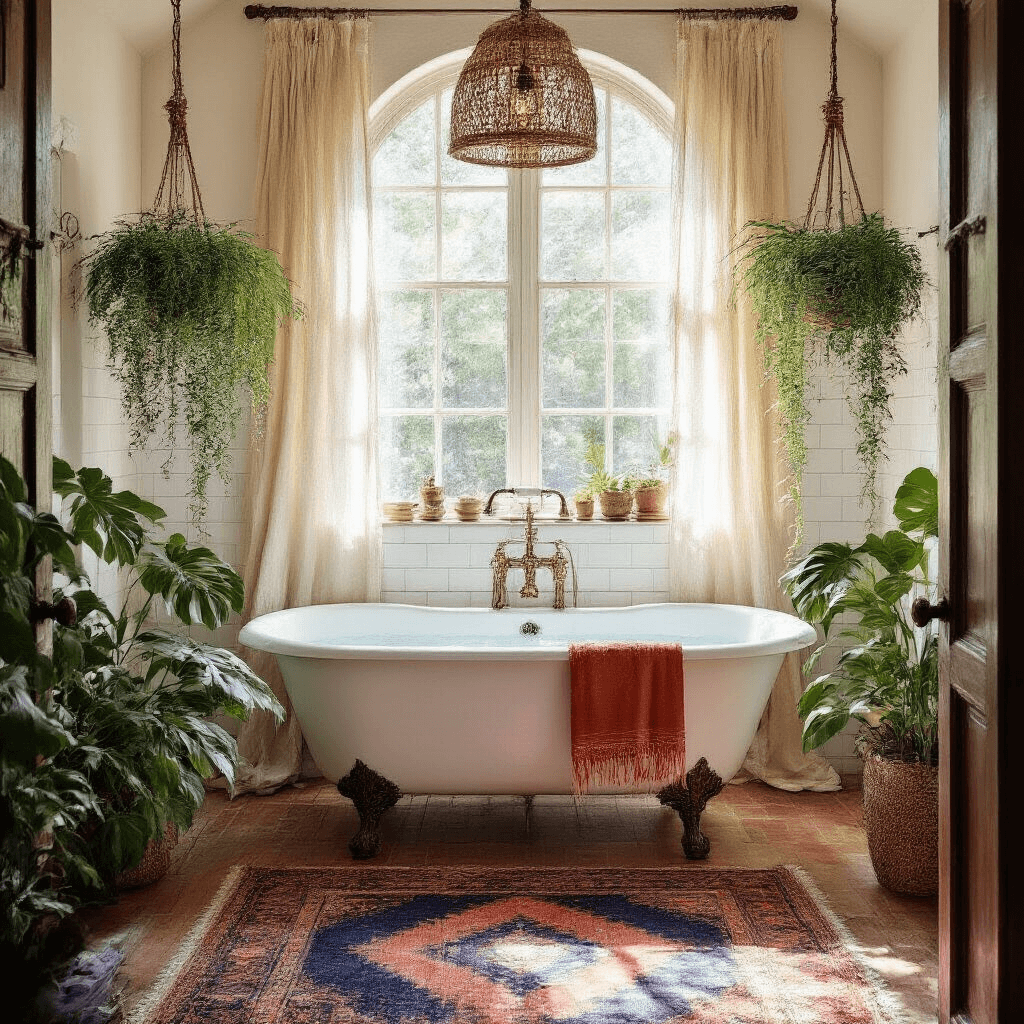 A sun-drenched bathroom with white subway-tiled walls, a vintage clawfoot tub adorned with a rust orange towel, layered Persian rugs on weathered oak floors, and lush green plants, illuminated by early morning light streaming through sheer curtains.