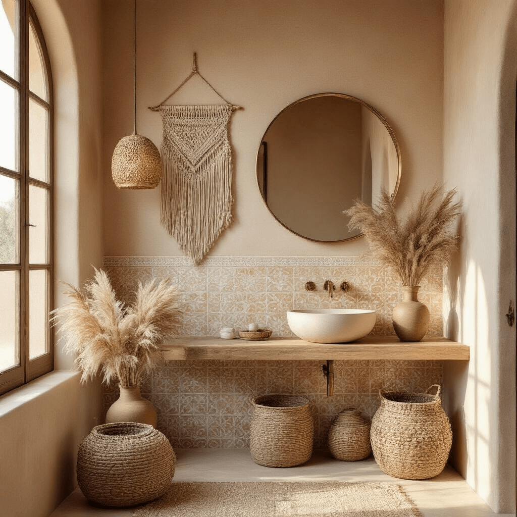 An intimate 8'x8' powder room featuring handmade Moroccan zellige tiles in cream, a floating wood vanity topped with a rounded brass mirror, and a woven pendant light. The scene is illuminated by late afternoon golden hour light, showcasing a textured palette of sand, terra cotta, and burnt sienna, complemented by a macramé wall hanging and dried pampas grass in a ceramic vase.