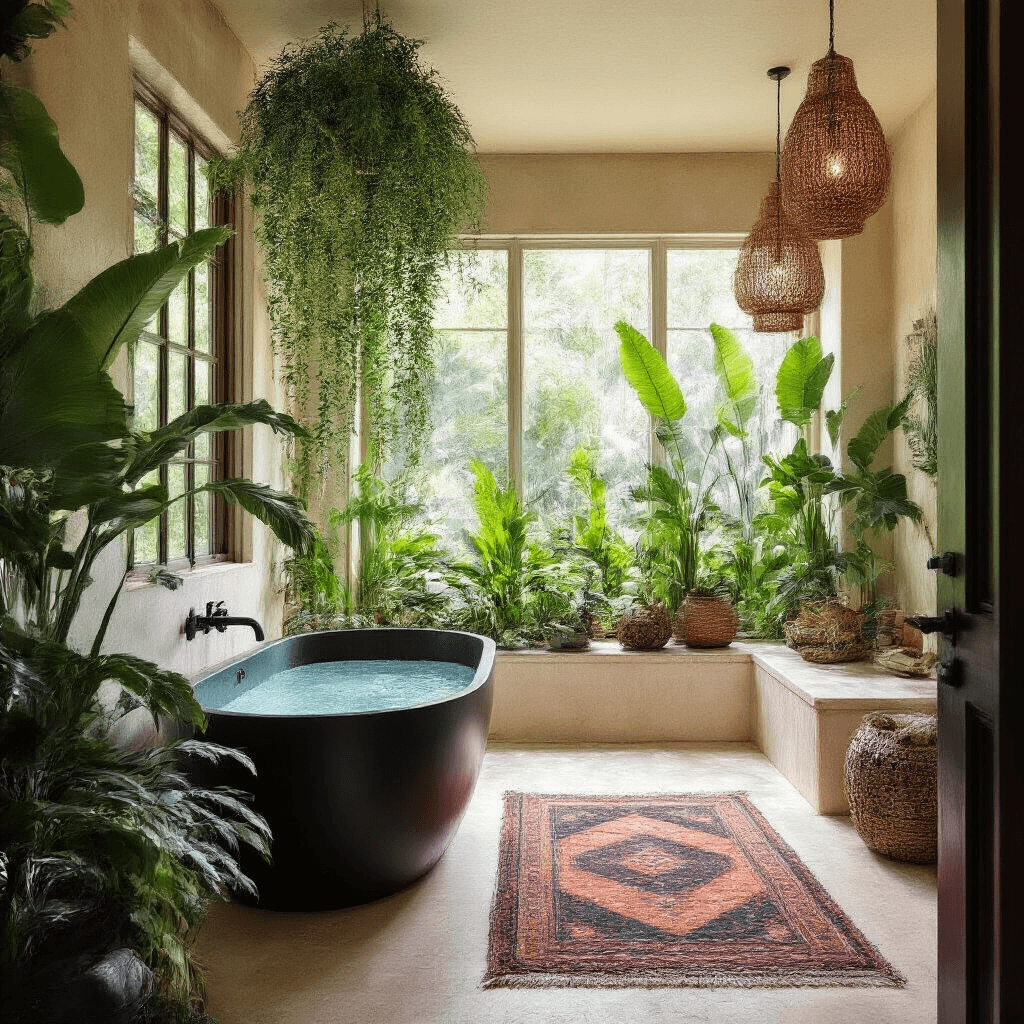 Spacious master bath featuring a greenhouse-style window wall filled with tropical plants, a matte black freestanding tub against ivory microcement walls, and vibrant tribal textiles, all bathed in diffused midday light.