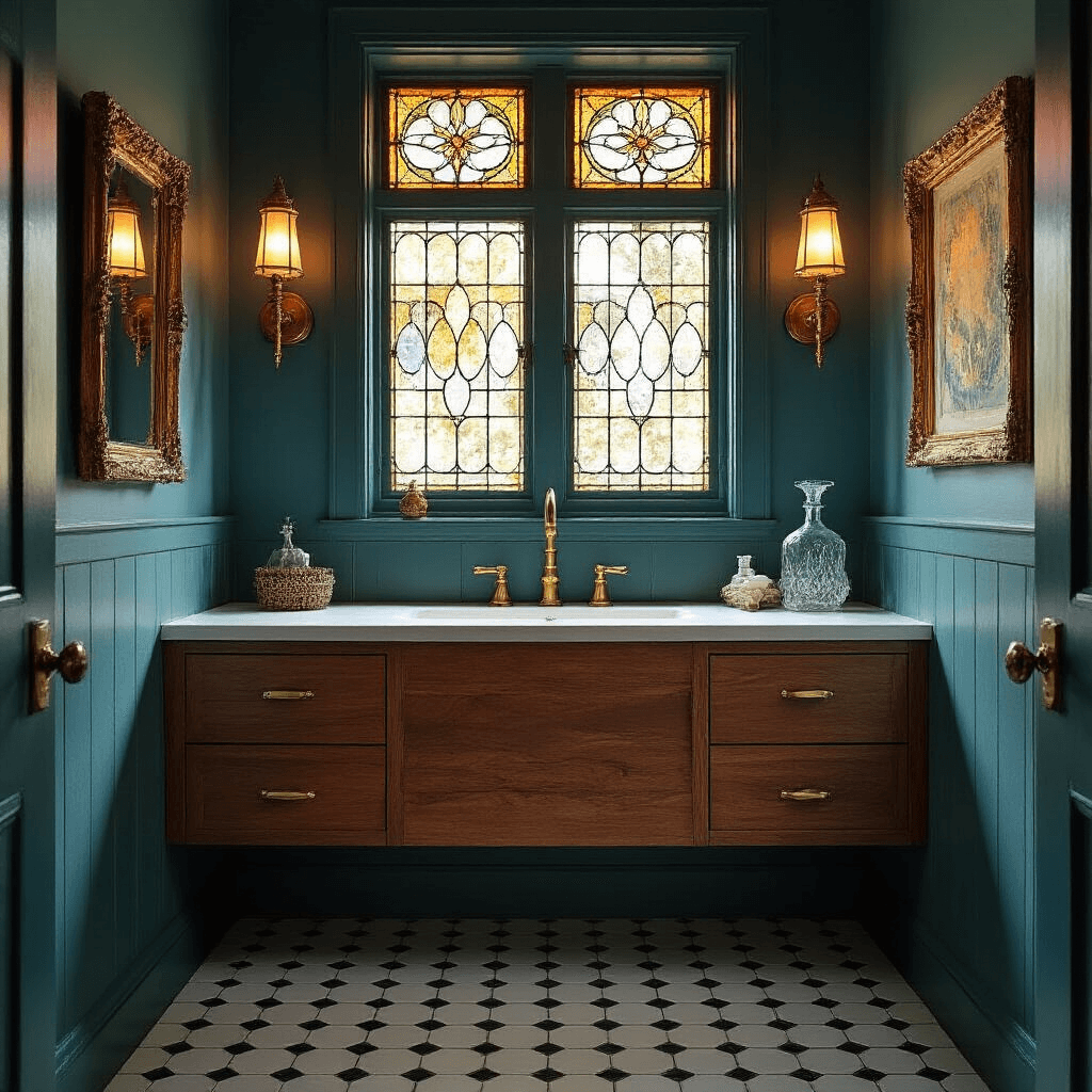 Cozy vintage-inspired bathroom featuring 1920s architectural details, stained glass window, restored hexagon floor tiles, modern floating vanity with reclaimed wood, gallery wall of gilded mirrors and abstract art, brass sconces, and a deep teal accent wall, captured in warm golden hour light.