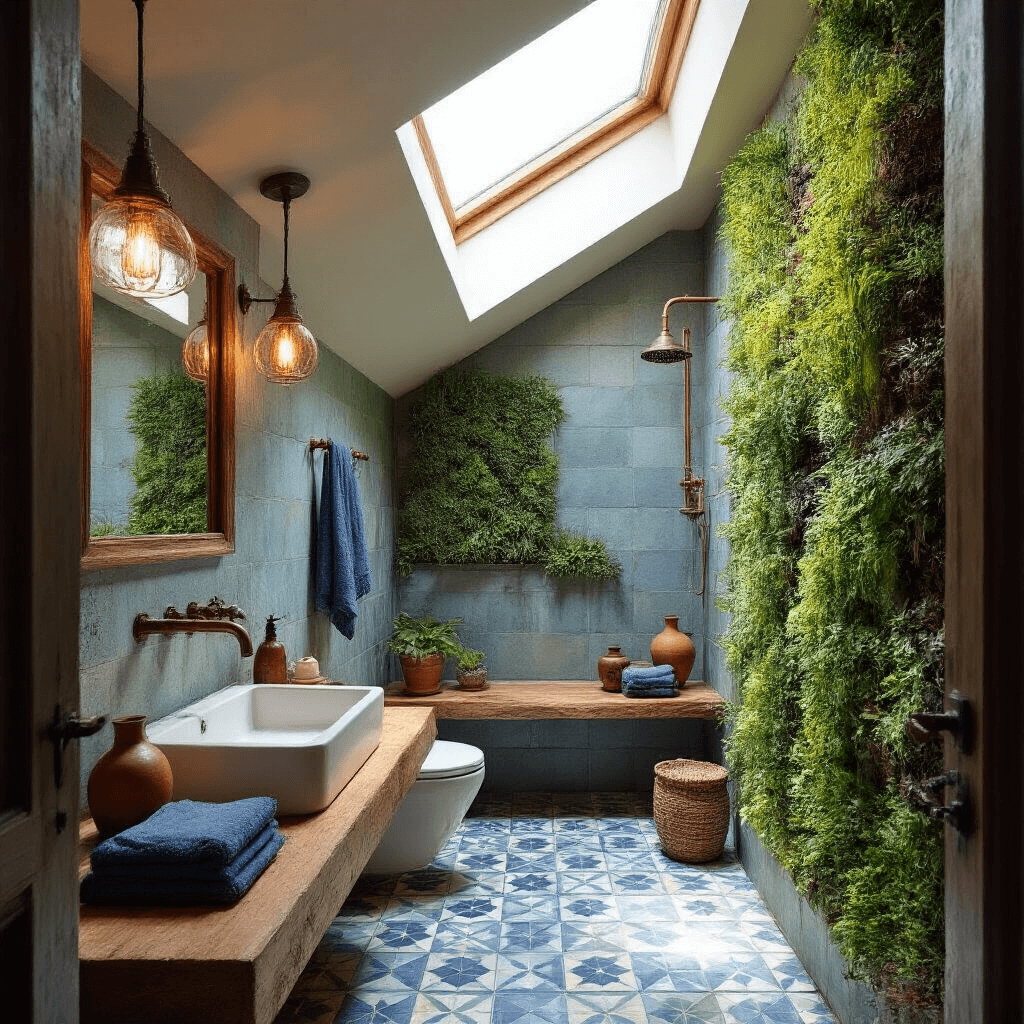 A narrow 7'x14' bathroom featuring a skylight that casts dramatic shadows, handmade geometric cement tiles, a vertical garden wall with air plants and moss, a raw edge wood slab shelf adorned with global pottery, indigo-dyed textiles, leather catches, exposed copper pipes, and Edison bulb sconces, captured from a low perspective.