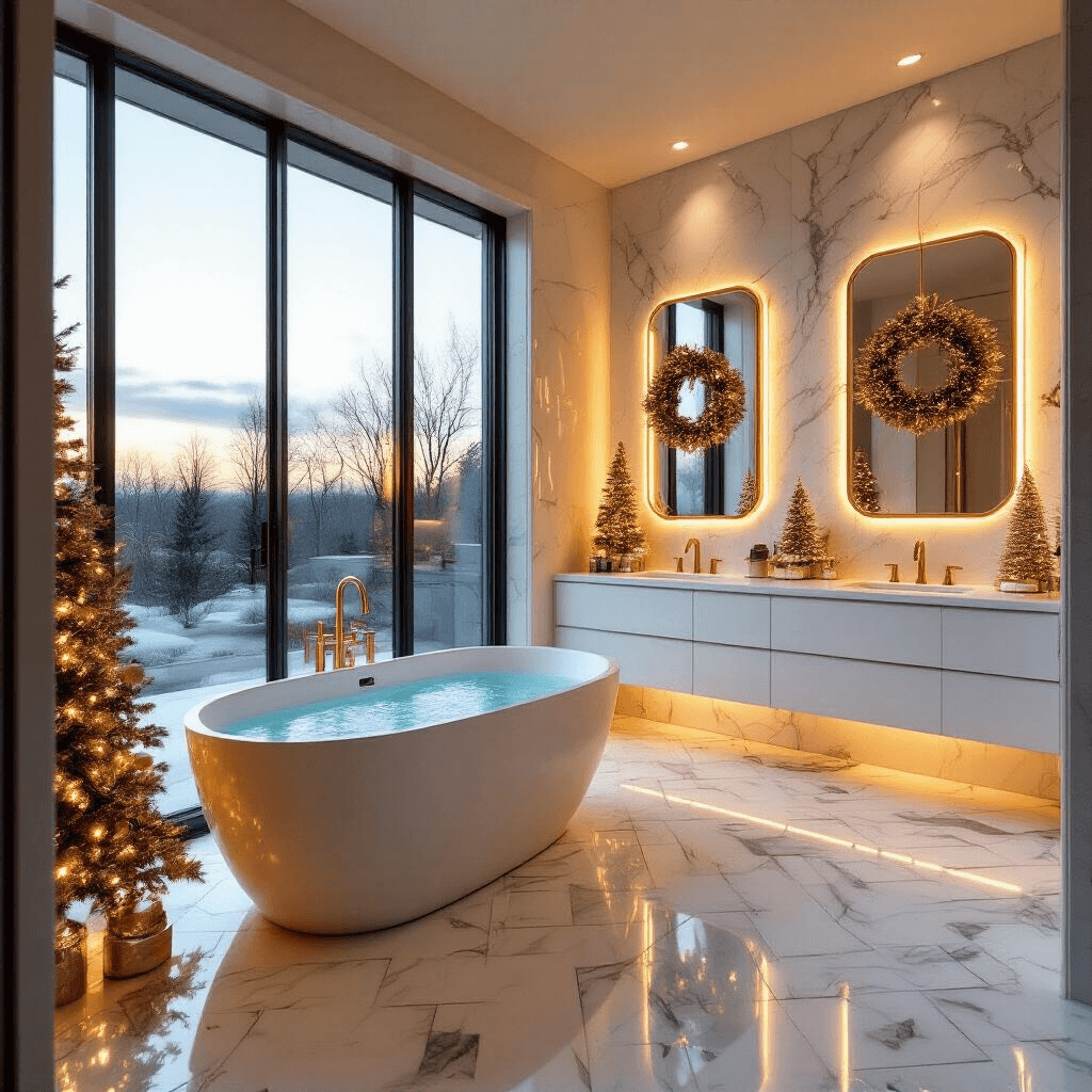 Deck the Bathroom: A Festive Guide to Christmas Bathroom Decor A luxurious master bathroom at dusk, featuring floor-to-ceiling windows, marble herringbone floors, a freestanding oval tub with gold garland and twinkle lights, a floating double vanity with minimalist mirrors and modern wreaths, and elegantly displayed glass Christmas trees, all enhanced by warm LED uplighting.