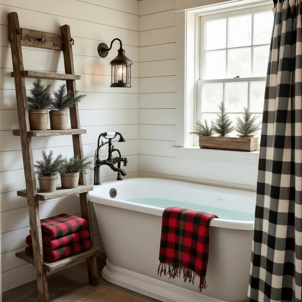 Deck the Bathroom: A Festive Guide to Christmas Bathroom Decor A cozy rustic farmhouse bathroom featuring shiplap walls and a vintage clawfoot tub, adorned with plaid towels and pine sprigs, under soft morning light through a frosted window.