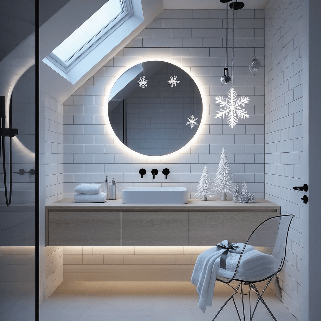 Deck the Bathroom: A Festive Guide to Christmas Bathroom Decor A sleek contemporary Nordic bathroom with matte black fixtures, white subway tiles, and an overhead skylight casting soft illumination. Features a floating bleached oak vanity with minimalist white ceramic decor, an oversized round mirror adorned with an LED-lit snowflake garland, and a ghost chair displaying white towels tied with silver ribbon, all enhancing a sophisticated winter wonderland atmosphere.