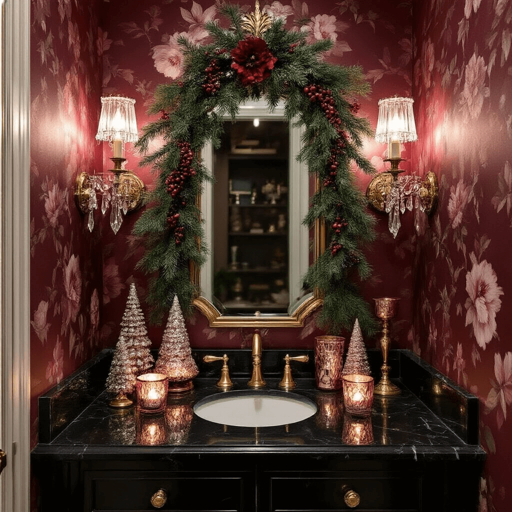 Deck the Bathroom: A Festive Guide to Christmas Bathroom Decor A luxurious vintage glam powder room with burgundy floral wallpaper, crystal sconces, and an art deco-style vanity mirror adorned with evergreen and berry garland, featuring a black marble counter with mercury glass decor and rose gold accents, all highlighted by dramatic lighting.