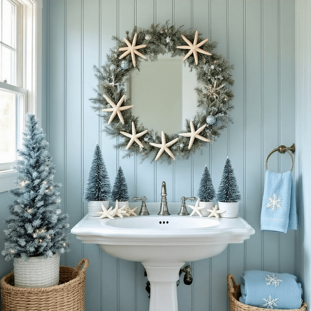 Deck the Bathroom: A Festive Guide to Christmas Bathroom Decor A coastal-themed bathroom decorated for Christmas, featuring sea glass blue beadboard wainscoting, a white pedestal sink with starfish garland, a rope-framed mirror with a nautical wreath, and azure towels in seagrass baskets, all illuminated by natural light.