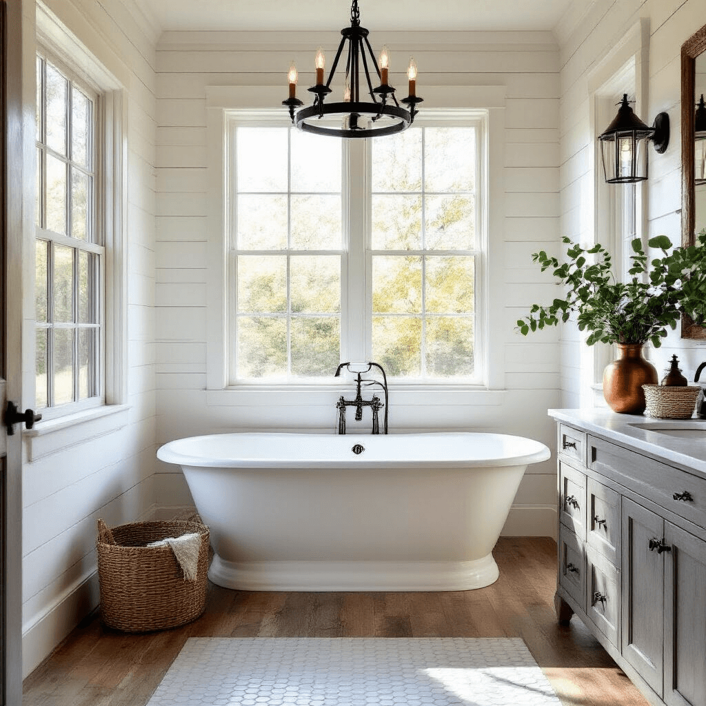 Modern Farmhouse Bathroom Decor: Creating a Timeless, Cozy Sanctuary A sun-drenched modern farmhouse bathroom featuring a vintage clawfoot tub, shiplap walls, a black iron chandelier, and a custom weathered gray vanity, with hexagonal marble tiles and warm natural light streaming through west-facing windows.