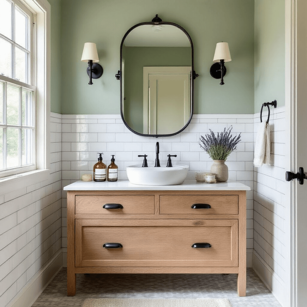 Modern Farmhouse Bathroom Decor: Creating a Timeless, Cozy Sanctuary Intimate farmhouse bathroom with floor-to-ceiling subway tiles in bone white, light gray grout, and soft sage green walls, featuring a floating oak vanity with a vessel sink, matte black fixtures, aged brass wall sconces, an oval mirror with leather strap, and styled with vintage apothecary bottles and fresh lavender, illuminated by natural light.
