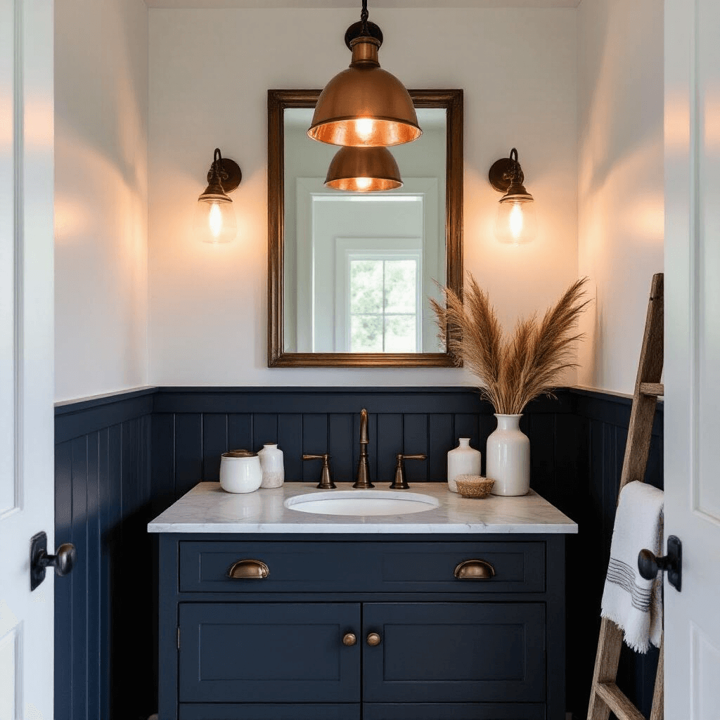 Modern Farmhouse Bathroom Decor: Creating a Timeless, Cozy Sanctuary Corner view of a modern farmhouse powder room with dark navy beadboard wainscoting and white upper walls, illuminated by a copper pendant light. Features a marble-topped washstand with oil-rubbed bronze hardware, a vintage beveled mirror, white ceramic vessels, dried pampas grass, and a weathered wooden ladder for towel storage.