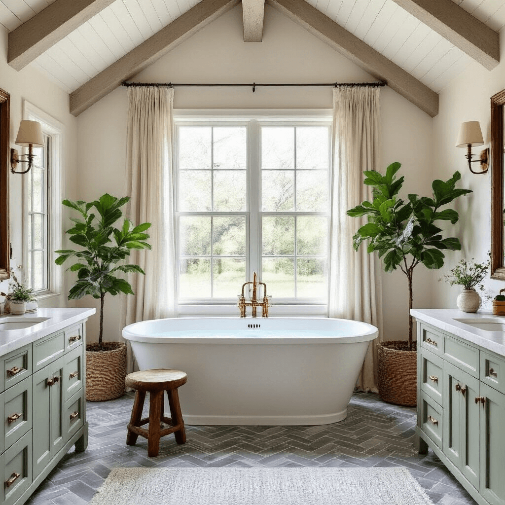 Modern Farmhouse Bathroom Decor: Creating a Timeless, Cozy Sanctuary Bright and airy 14x16ft master farmhouse bathroom featuring a freestanding soaking tub under a cathedral ceiling with whitewashed beams, herringbone marble flooring in warm gray, a sage green double vanity with brass hardware, and natural light filtering through sheer linen curtains. Decor accented with an antique wooden stool, oversized woven baskets, and a potted fiddle leaf fig.