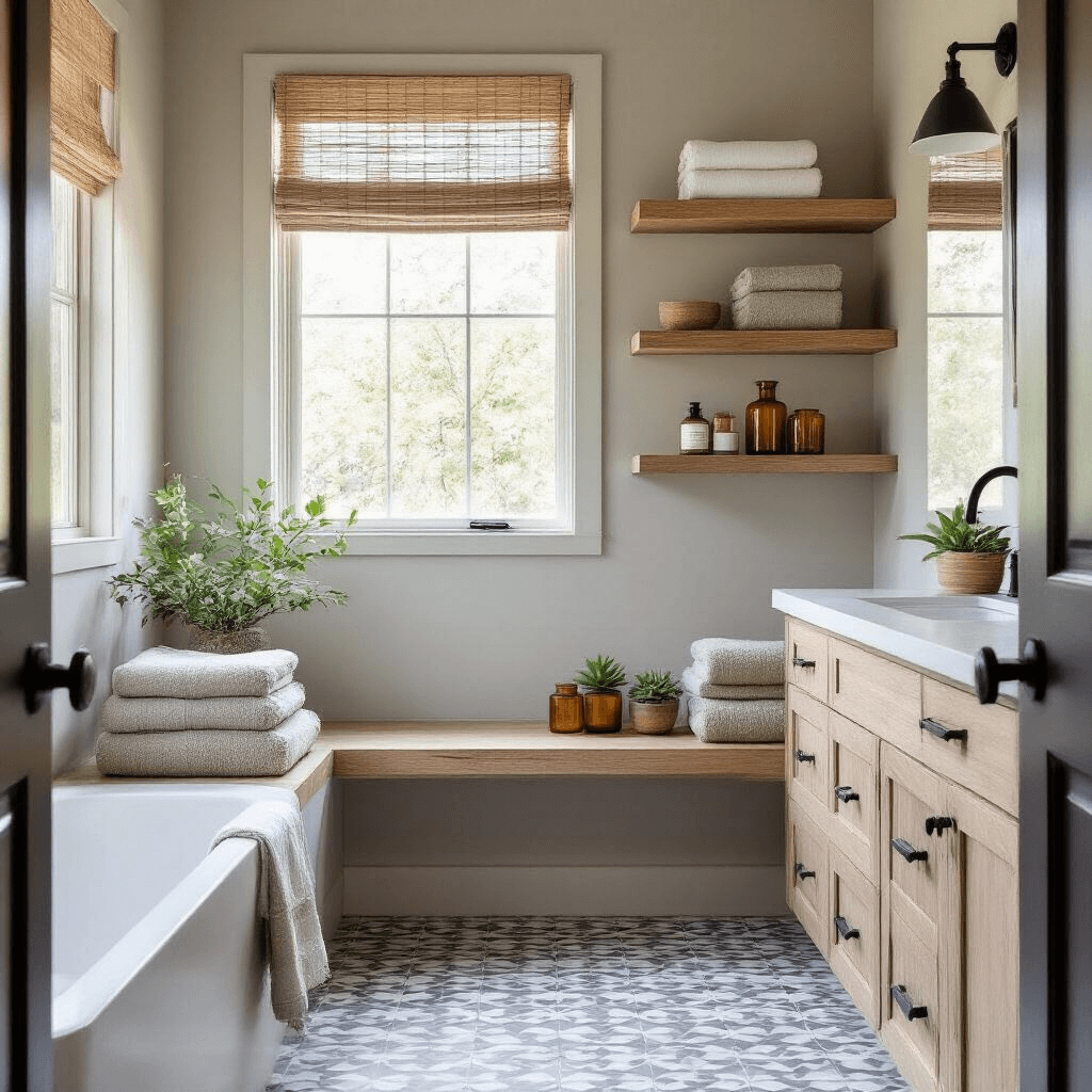 Modern Farmhouse Bathroom Decor: Creating a Timeless, Cozy Sanctuary A modern farmhouse guest bath featuring cement tile flooring in a muted geometric pattern, white oak floating shelves, and matte black fixtures against light gray walls, with natural light filtering through a bamboo roman shade, styled with stacked Turkish towels, amber glass containers, and small potted succulents.