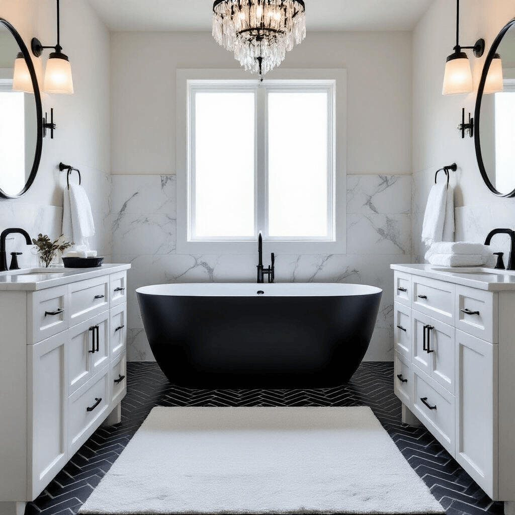 Black and White Bathroom Decor: The Ultimate Styling Guide A minimalist master bathroom during golden hour, featuring a matte black freestanding tub against a white marble wall, herringbone-pattern floor tiles in black and white, a glossy white double vanity with matte black fixtures, and round mirrors. Diffused natural light creates soft shadows, while a crystal chandelier adds glamour. White Turkish cotton towels and black stone accessories introduce layered textures, with brushed gold metallic accents enhancing the luxury spa atmosphere.