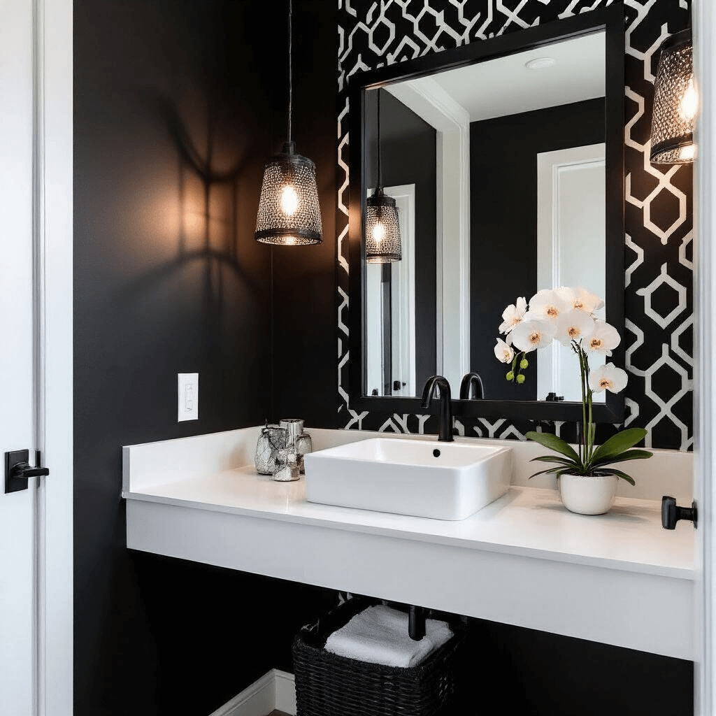 Black and White Bathroom Decor: The Ultimate Styling Guide Intimate powder room featuring a dramatic black accent wall and white geometric wallpaper, a modern floating vanity with a waterfall edge, and stylish accessories, captured at dusk with accent lighting to enhance moody ambiance.